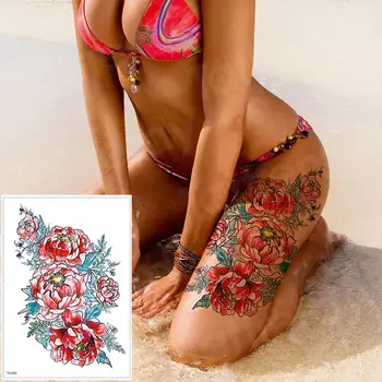 водоустойчив татуировки етикети бикини божур татуировка и боди-арт цвете роза татуировка фалшива татуировка с пренасяне на вода временна татуировка крак и ръка