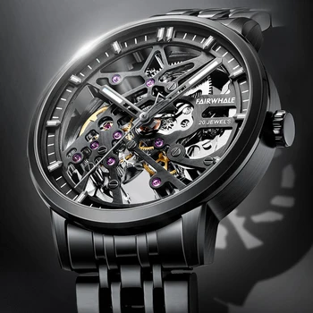 Автоматични Часовници Мъжки Луксозни Механични Ръчни Часовници С Виртуален Скелет Модни Черни Светлинен Часовник Е От Неръждаема Стомана Relojes Ал Hombre 2021